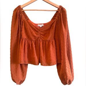 She + Sky Orange Polka Dot Boho Cropped Peplum Balloon Sleeve Top Sz M